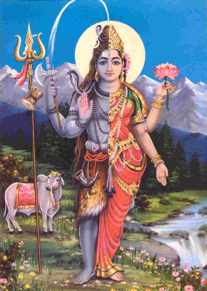 Shiva Ardhanarinara (half male and half female).  He can also be depicted as a hermaphrodite.