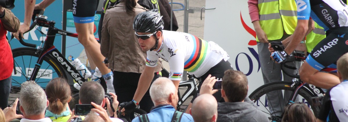 Mark Cavendish, one of the greatest sprinters in the history of the Tour de France in his World Champion jersey.
