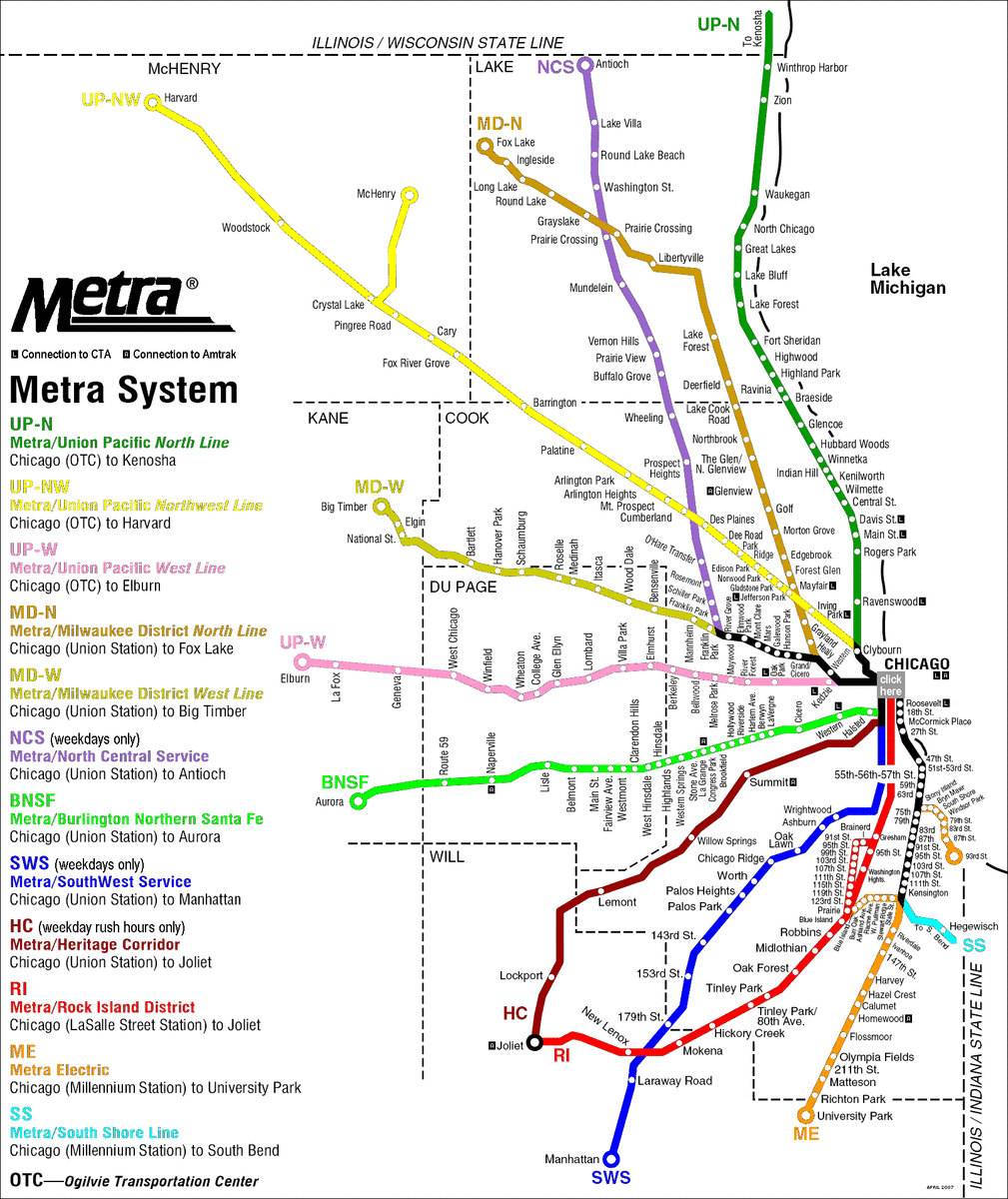Route Map of Metra Commuter Service. Map color coded by original railroad.