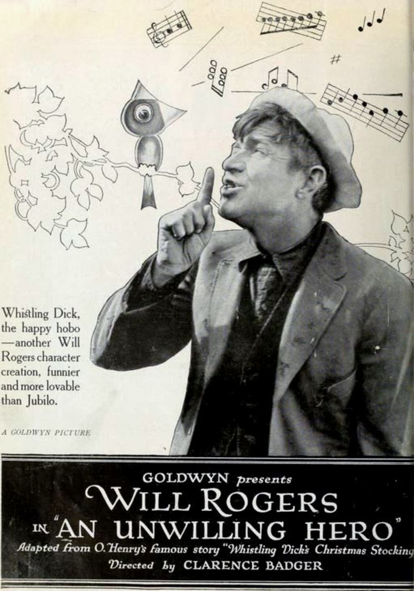 Poster for 1921 film with Will Rogers: An Unwilling Hero.  Note the period style for the drawing of the bird on the branch. appeared on the back cover of the May 8, 1921 Film Daily.