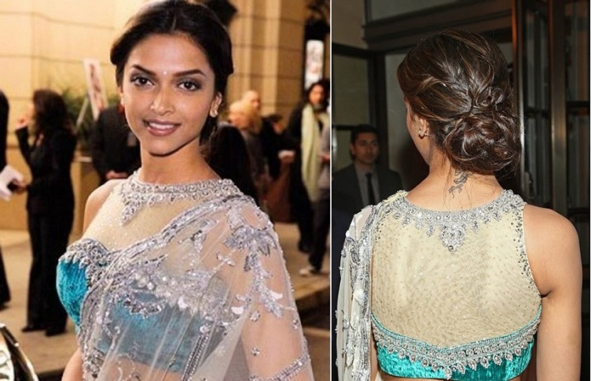 Deepika in teal velvet and curtained back designer sari blouse
