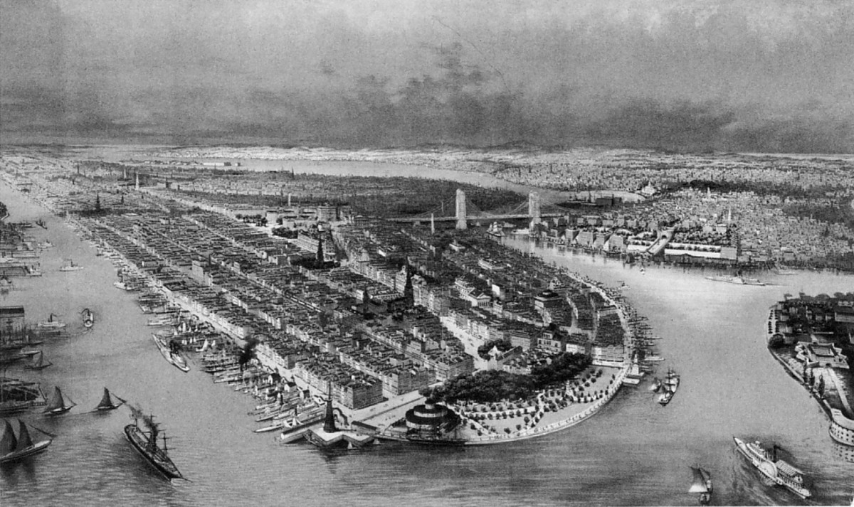  Aerial view illustration of Manhattan, showing Castle Garden at its tip, ca. 1880