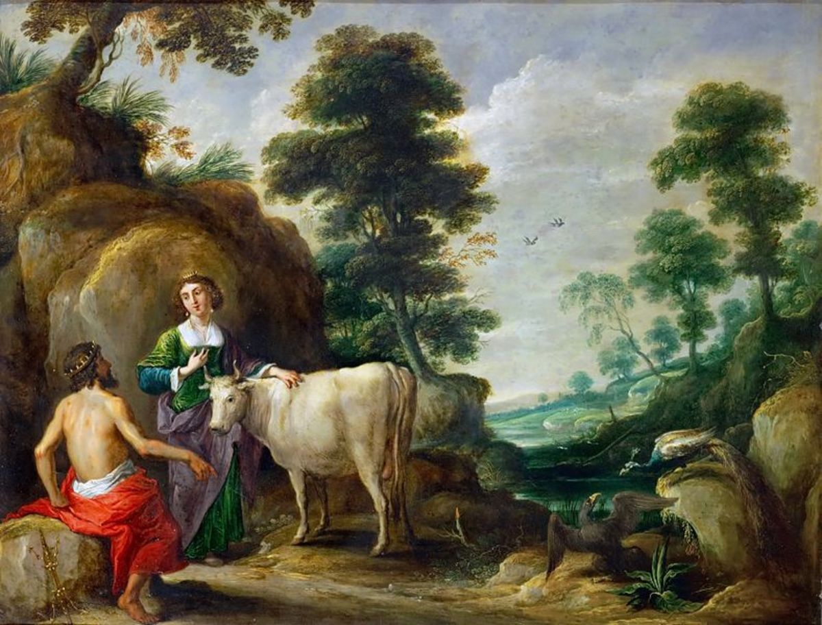 The painting "Io, transformed into a cow, is handed to Juno by Jupiter" by David Teniers the Elder (1582–1649) PD-art-100