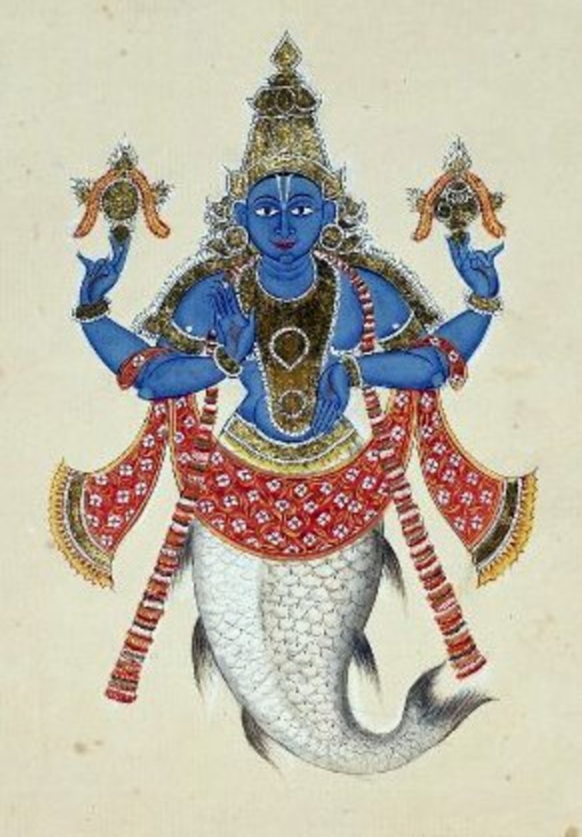 Matsya avatar of Vishnu pulls Manu's boat after having defeated a demon.Painting by unknown author, c. 1820