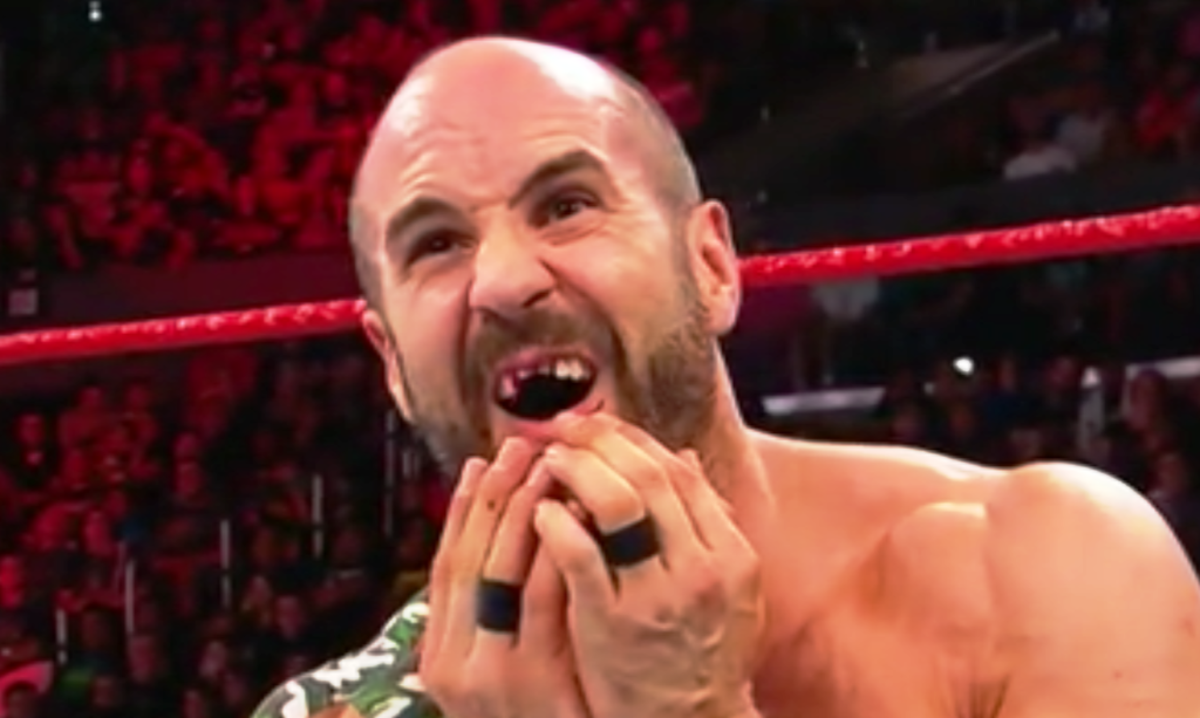 Cesaro after getting hit in the mouth during the match pushing his teeth 3-4 mm to his upper jaw.