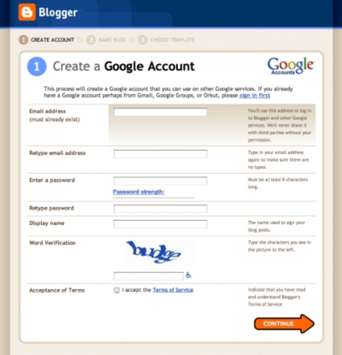 Get started by setting up your Blogger account