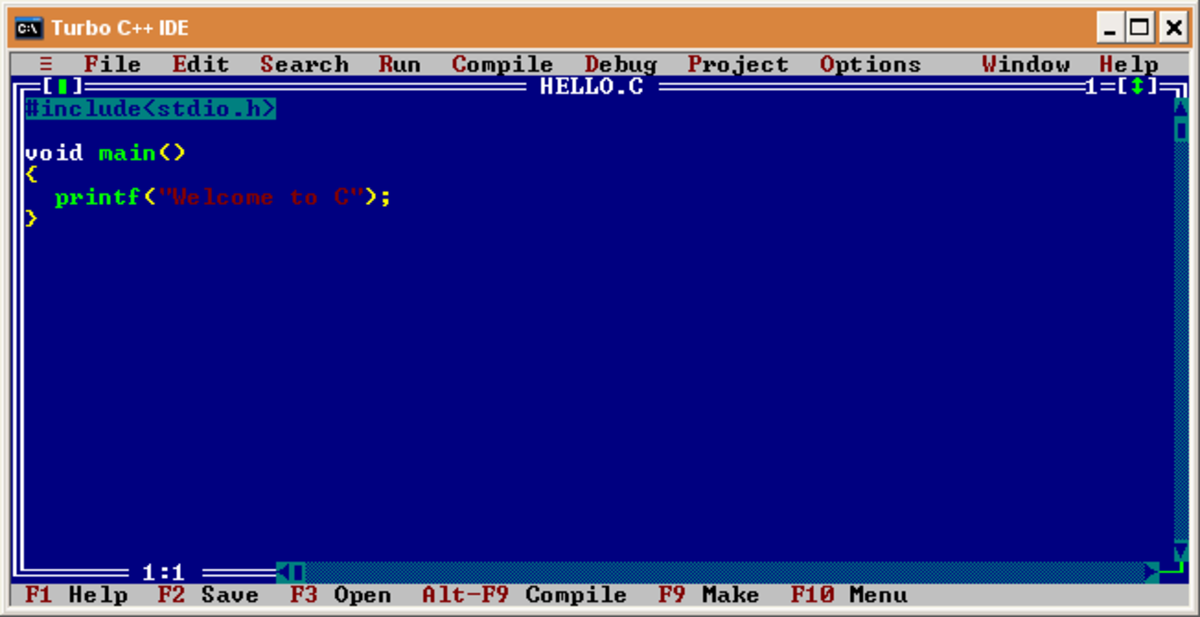 How Turbo C editor looks when you run it. I use Turbo C compiler on Windows 7