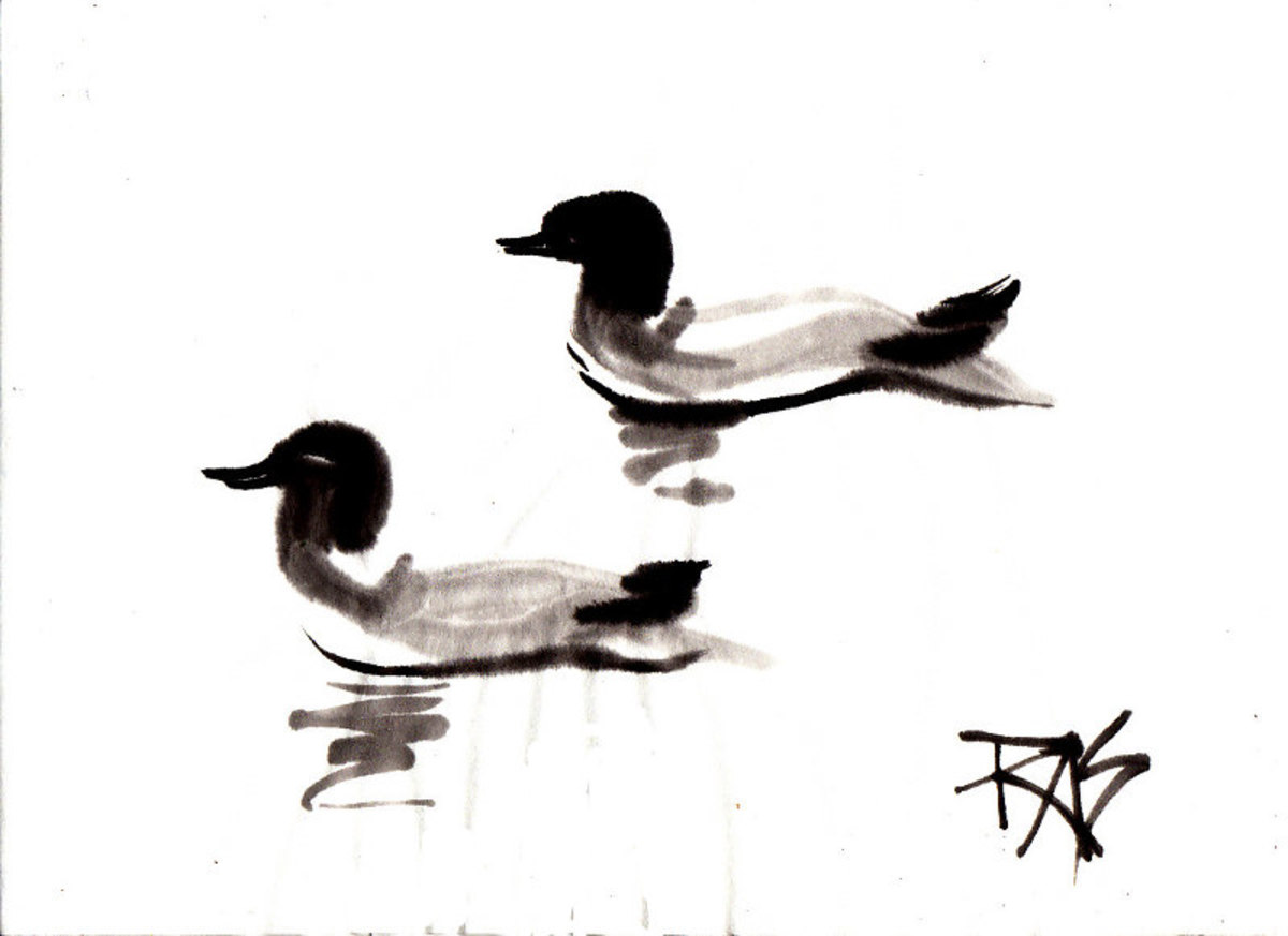 Two Loons sumi-e painting by Robert A. Sloan from photo reference by WC member Helen for Weekend Drawing Event on WetCanvas.com