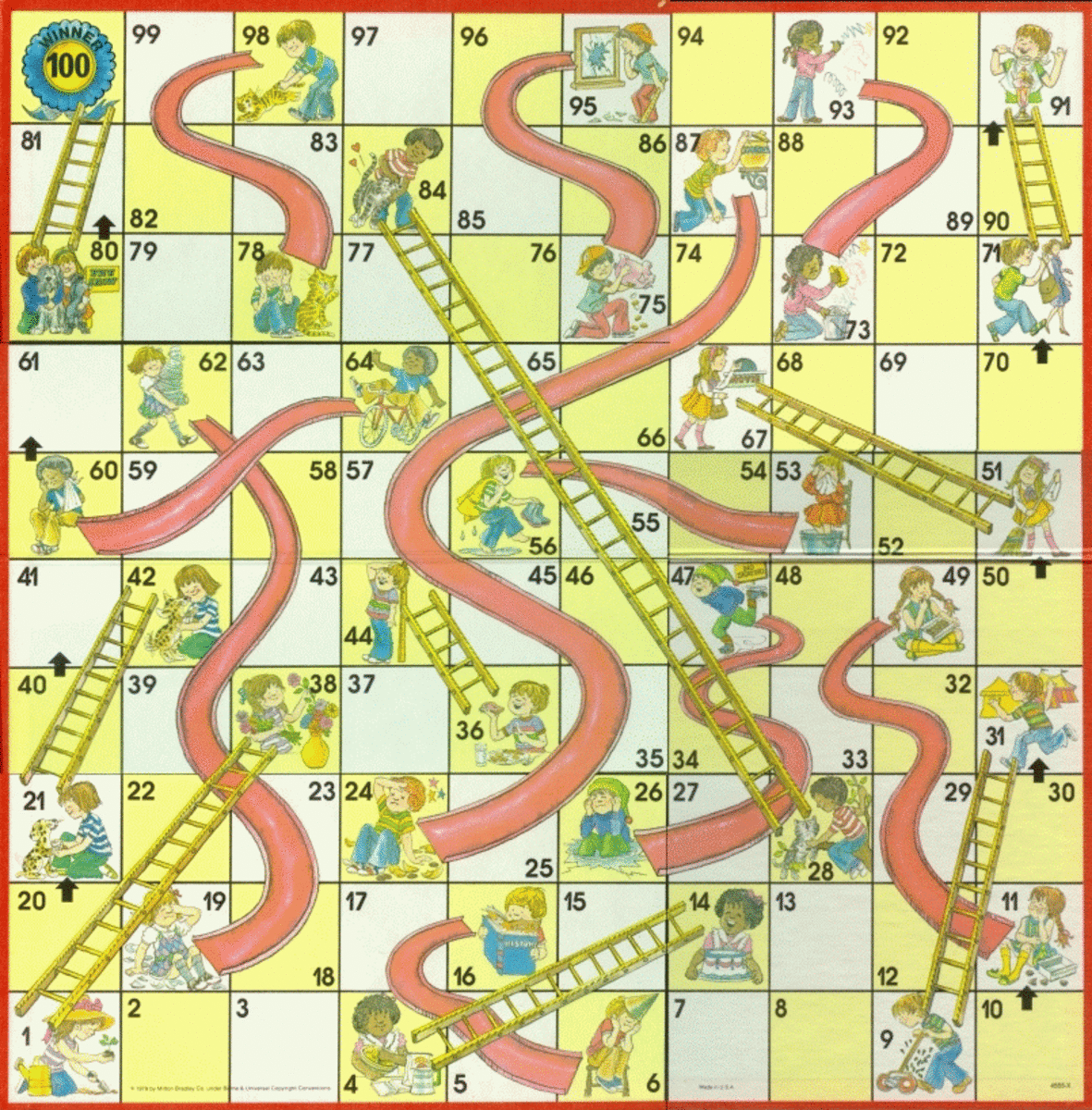 This older version of the Milton Bradley version of chutes and ladders shows a board with numbered game spaces. Click on the photo to see a full-sized version of the image.