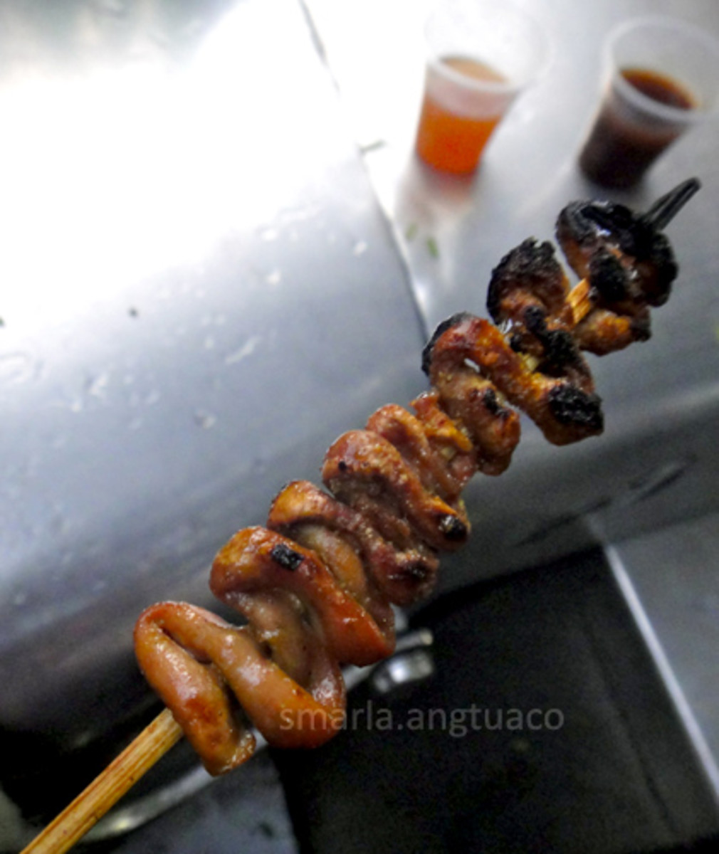 skewered meat "isaw" (a Flipino street food)