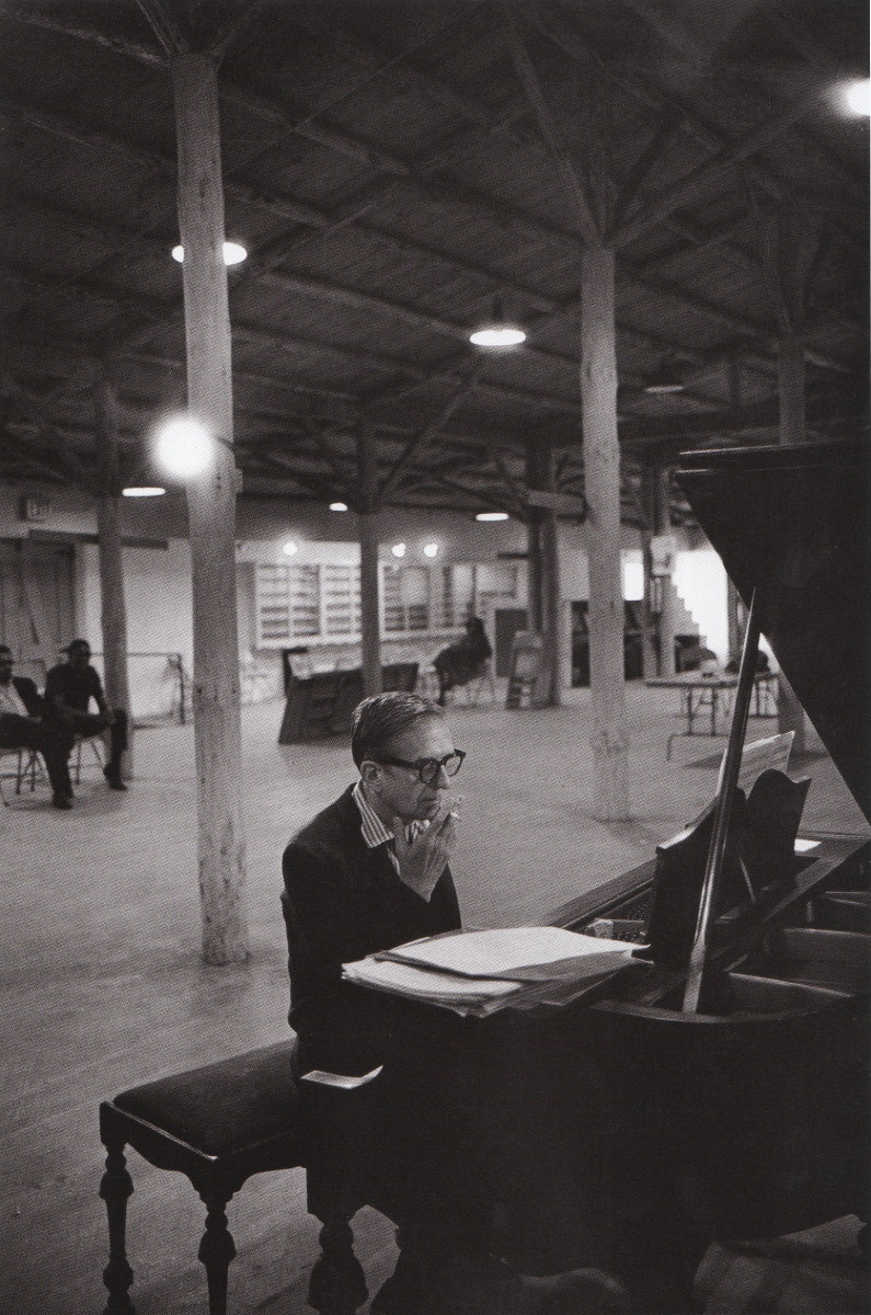Arranger and Composer Gil Evans at the Monterey Jazz Festival in 1966; Evans was warming up in a large rehearsal hall backstage.