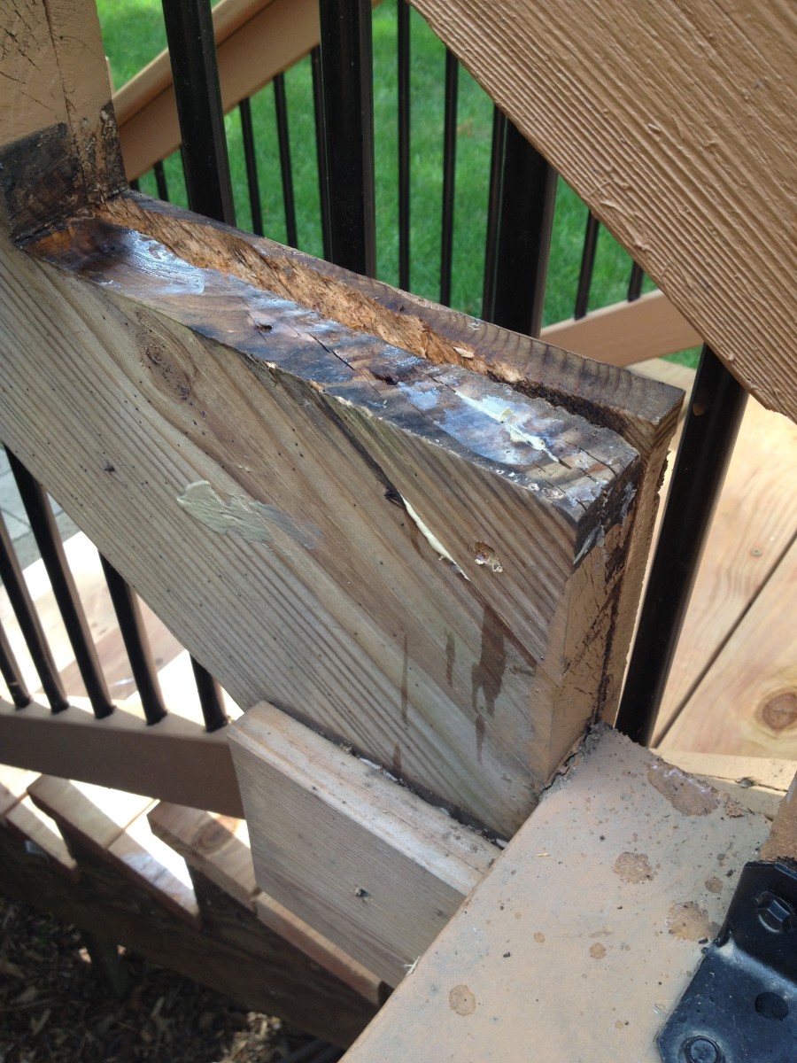 Repaired stringer and treated wood rot.