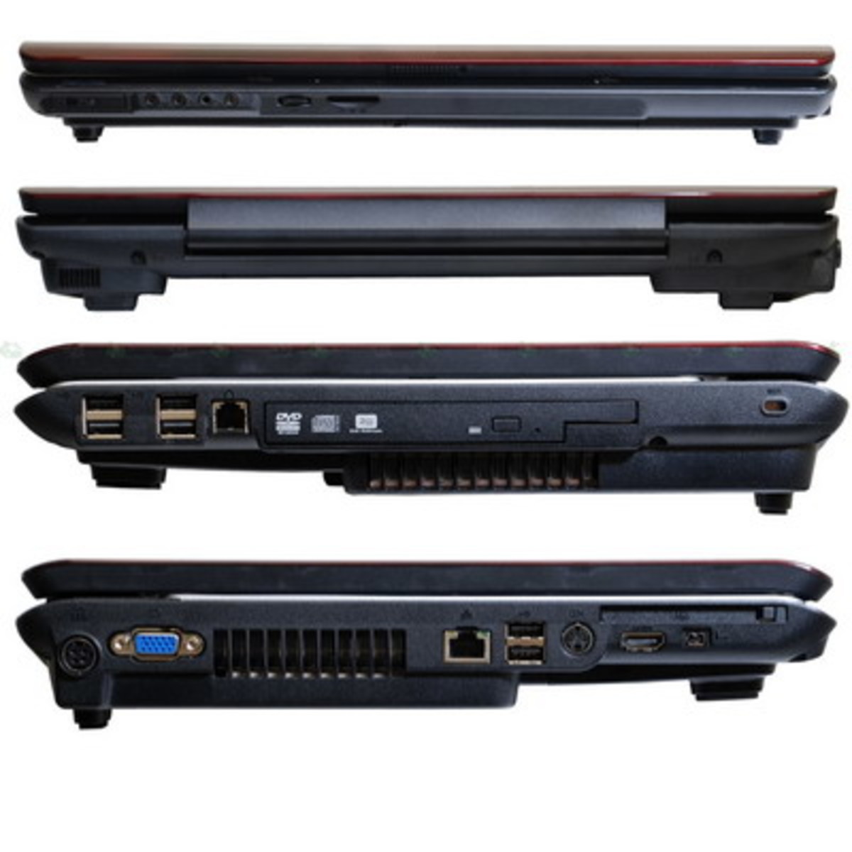4 views of a Toshiba laptop, note the side vents on the bottom two views. 