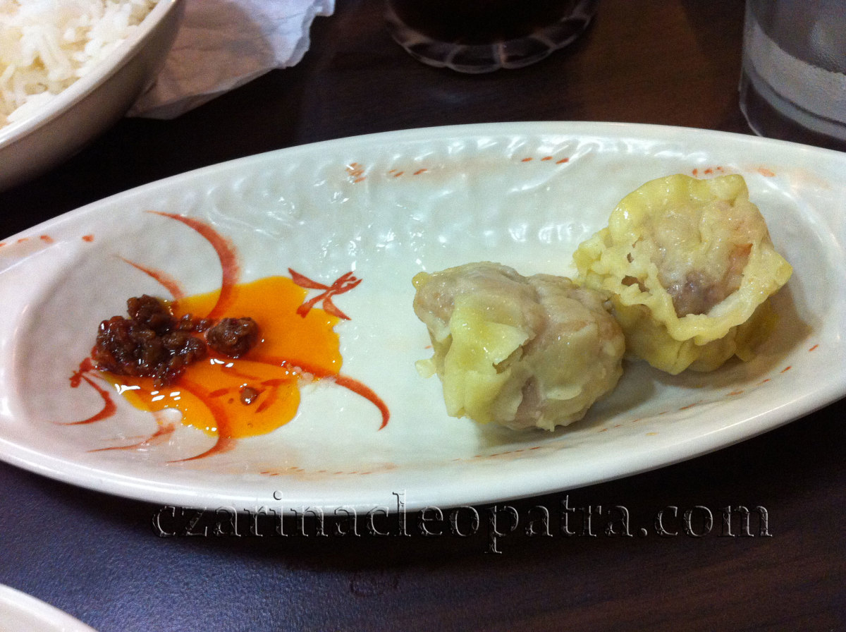 Siomai - ground meat and veggies mix wrapped and steamed, served with hot chili sauce
