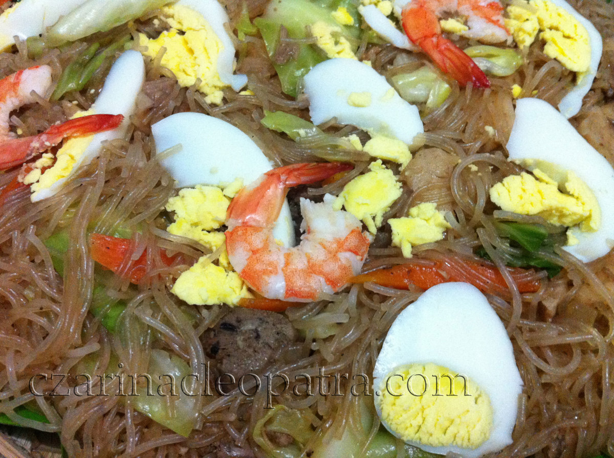 Special Pancit Bihon - garnish sliced eggs and shrimps on top
