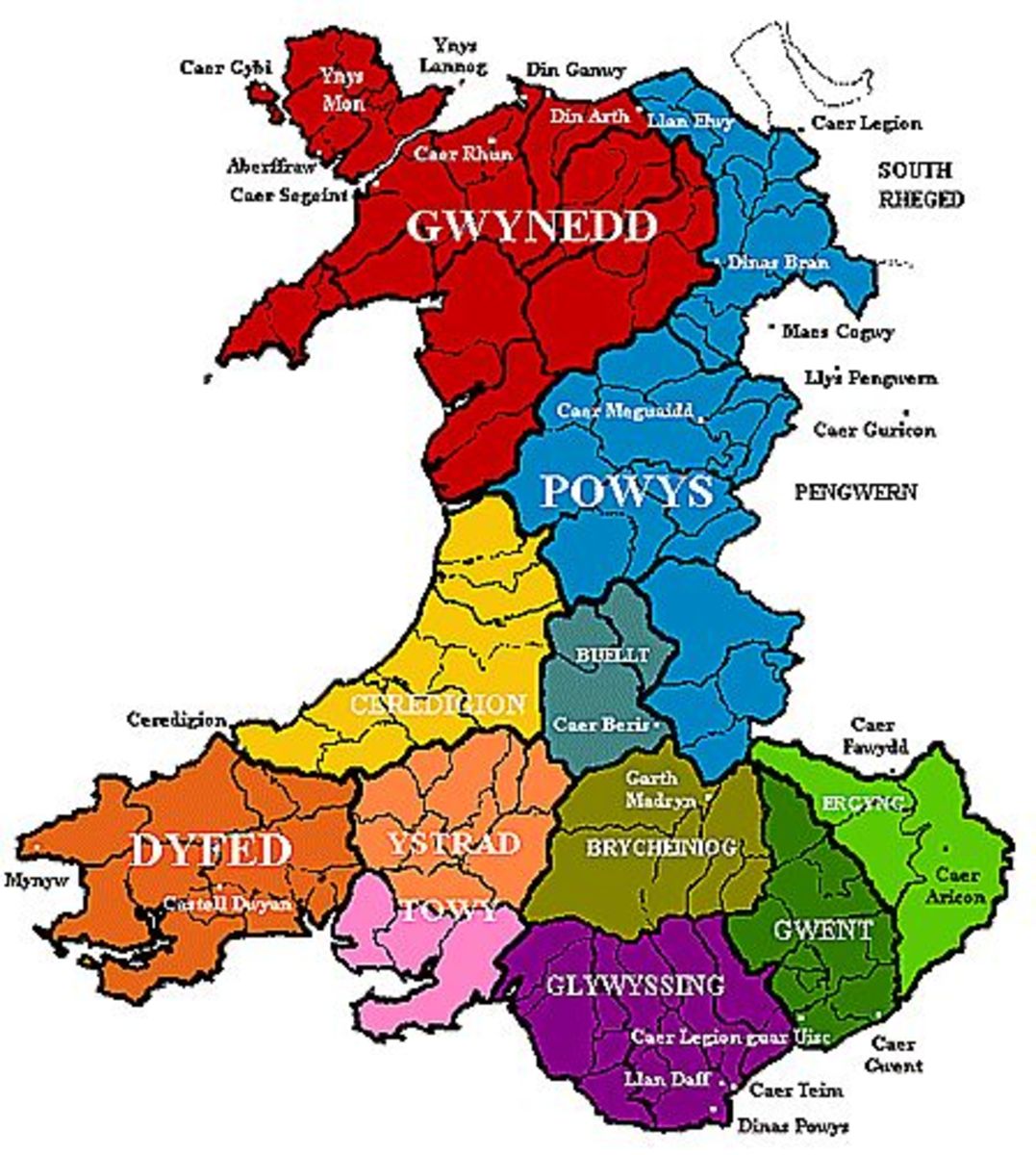 Early mediaeval Wales, showing the principalities and alliances. Norse settlement was sparser in Wales than anywhere else in the British Isles