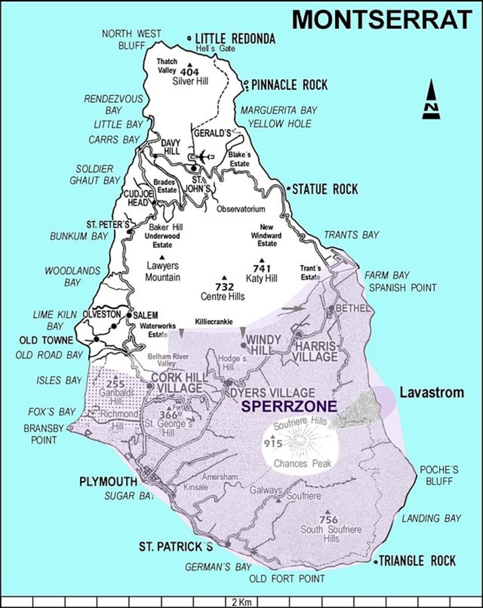 Montserrat between the Caribbean Ocean (left) and the Atlantic Sea (right), showing location of the Soufriere Hills volcano (white in purple section).  Credit: Oskarp