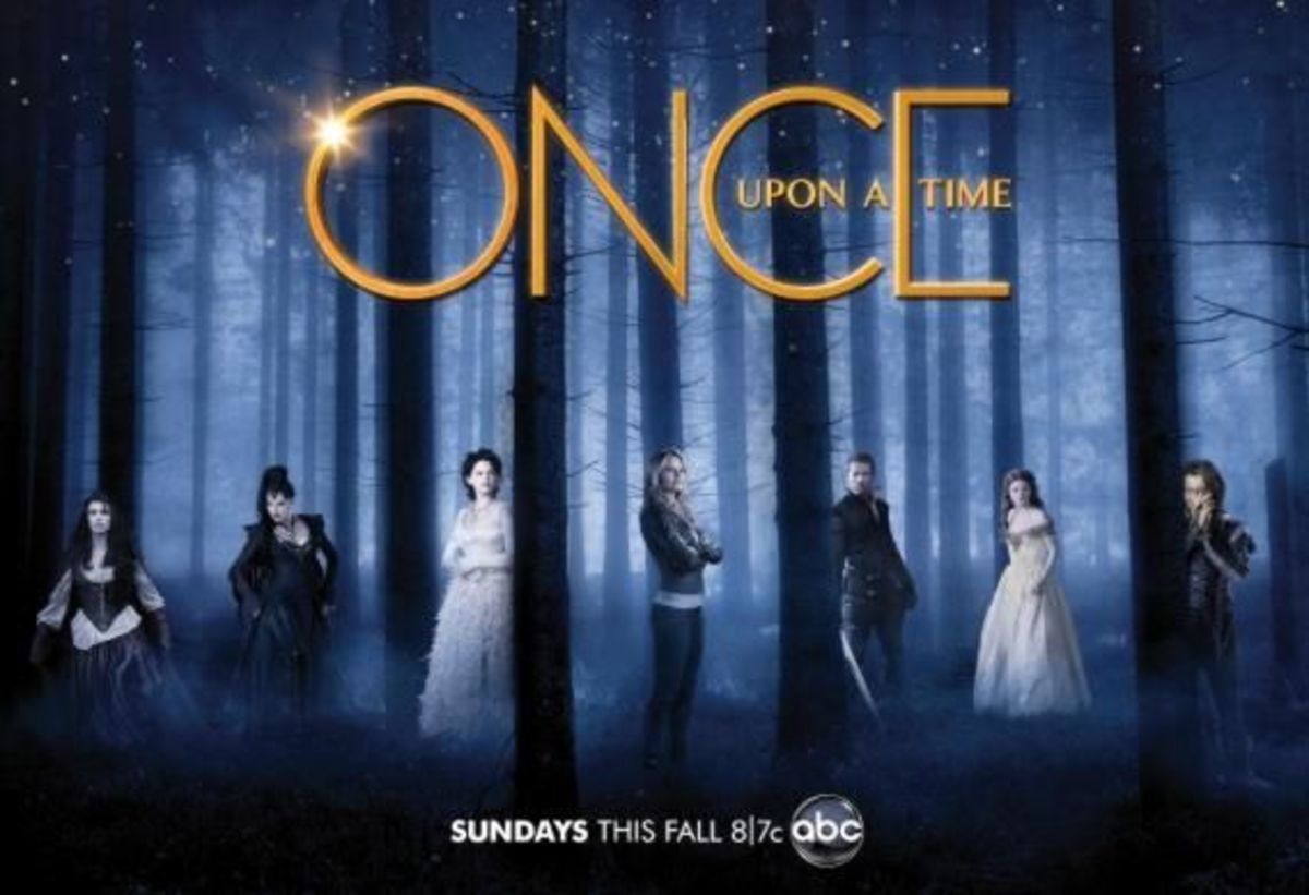 From left to right Meghan Ory (Red Riding Hood) Lana Parrilla (The Evil Queen), Ginnifer Goodwin (Snow White), Jennifer Morrison (Emma Swan), Josh Dallas (Prince Charming or James), Emilie de Ravin (Belle) and Robert Carlyle (Rumplestiltskin)