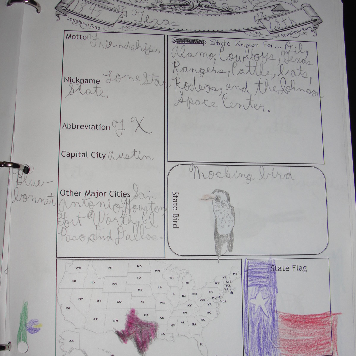 A page from my son's state notebook on Texas