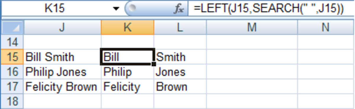 Illustration of how to use the LEFT function to obtain a first name from a cell in Excel 2007.