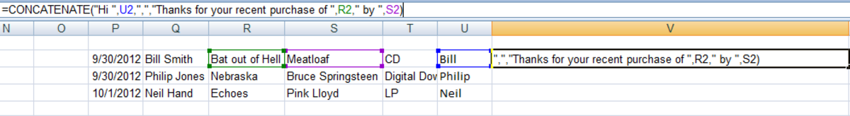 Example of a formula using the CONCATENATE function in Excel 2007.