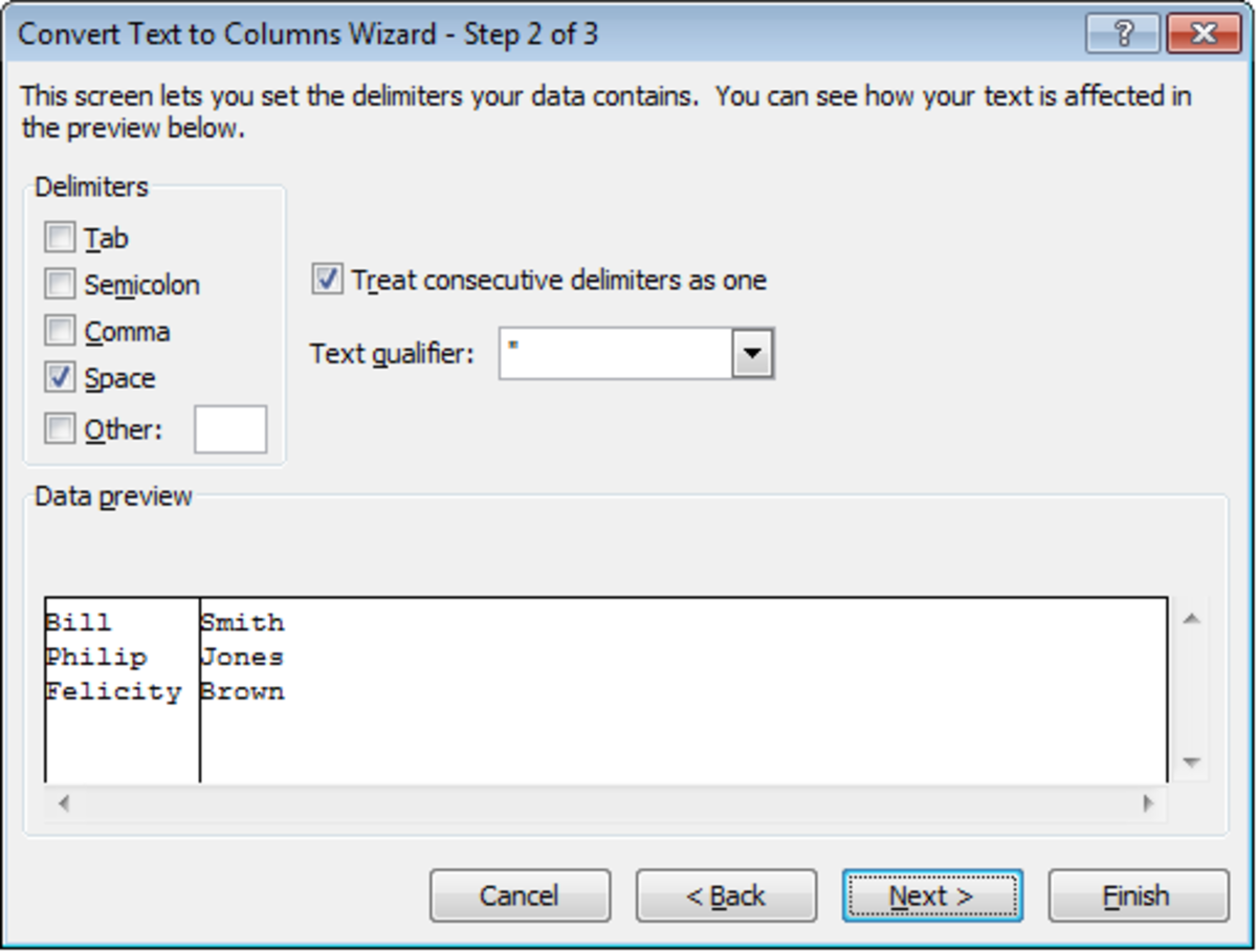 Text to Columns Wizard Step 2 of 3 in Excel 2007.