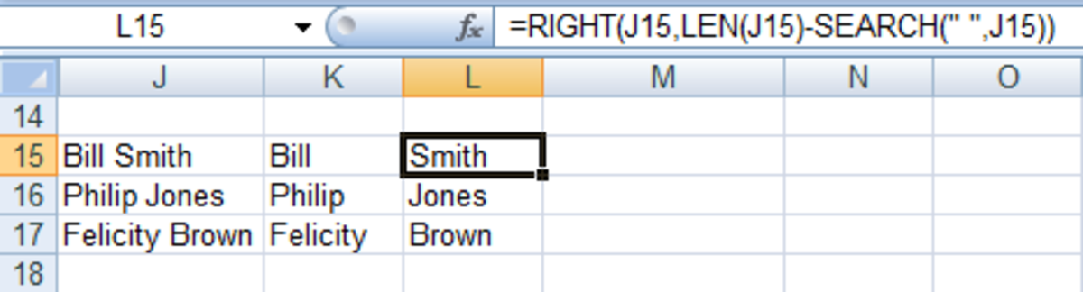 Illustration of how to use the RIGHT function to obtain a surname from a cell in Excel 2007