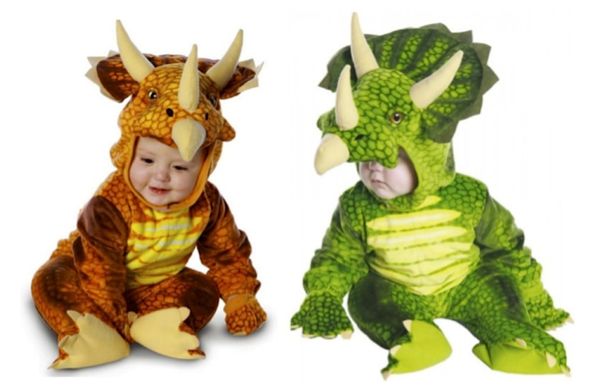 The triceratops in rust and green features a fleece jumpsuit with booties and detached mitts, adjustable padded hood with soft horns, embroidered nostrils and plastic eyes. Available at 