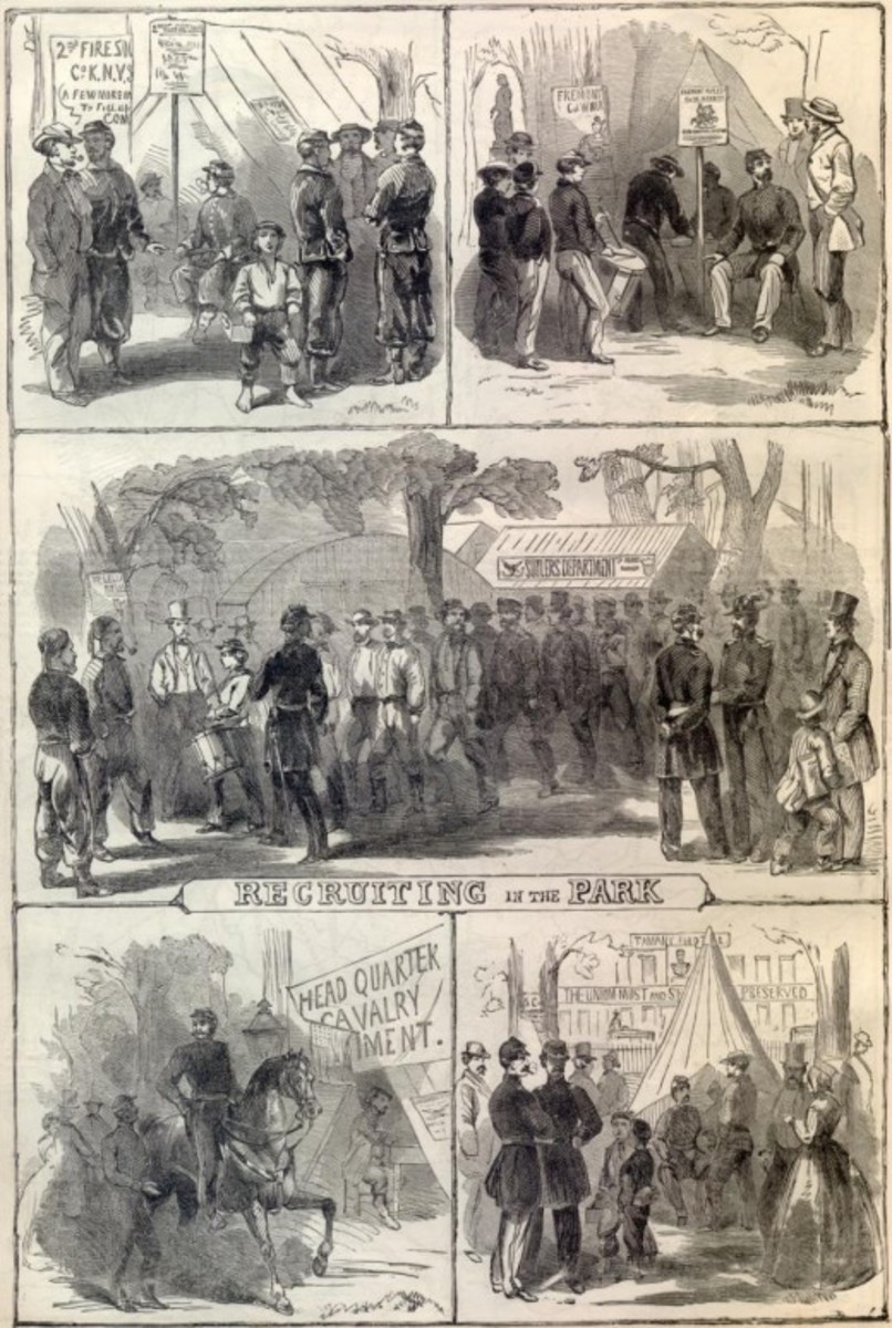 A multi-paneled illustration of the recruiting fervor in the Union