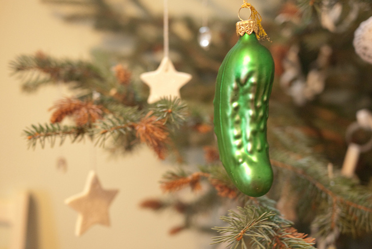 The Christmas pickle, a German tradition?  The child that finds the pickle ornament on the tree get s a special Christmas Eve present to open.