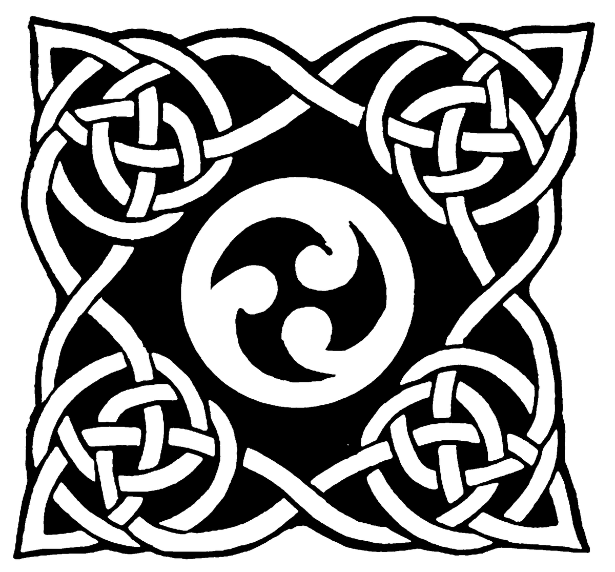 Celtic symbols often show repeating motifs, in this case the four directions and elements  are represented with three repeating shapes in the center of a circle, surrounded by a square representing sky, water and Earth.