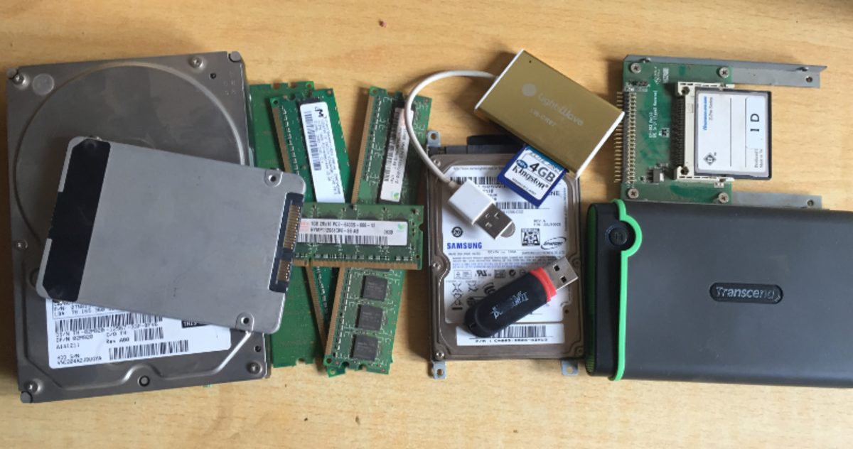 A collection of computer storage devices such as disk drives, RAM, and flash memory