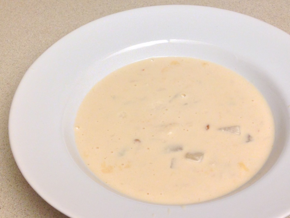 Fish Chowder made with cream of potato soup, evaporated milk, baked and shredded mahi mahi, and sherry
