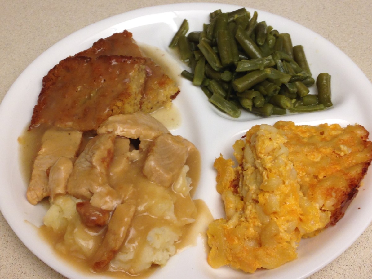 Christmas Dinner 2014 with Schwan's Turkey Tenderloin with Mashed Potatoes, baked macaroni and cheese, dressing and giblet gravy, and green beans