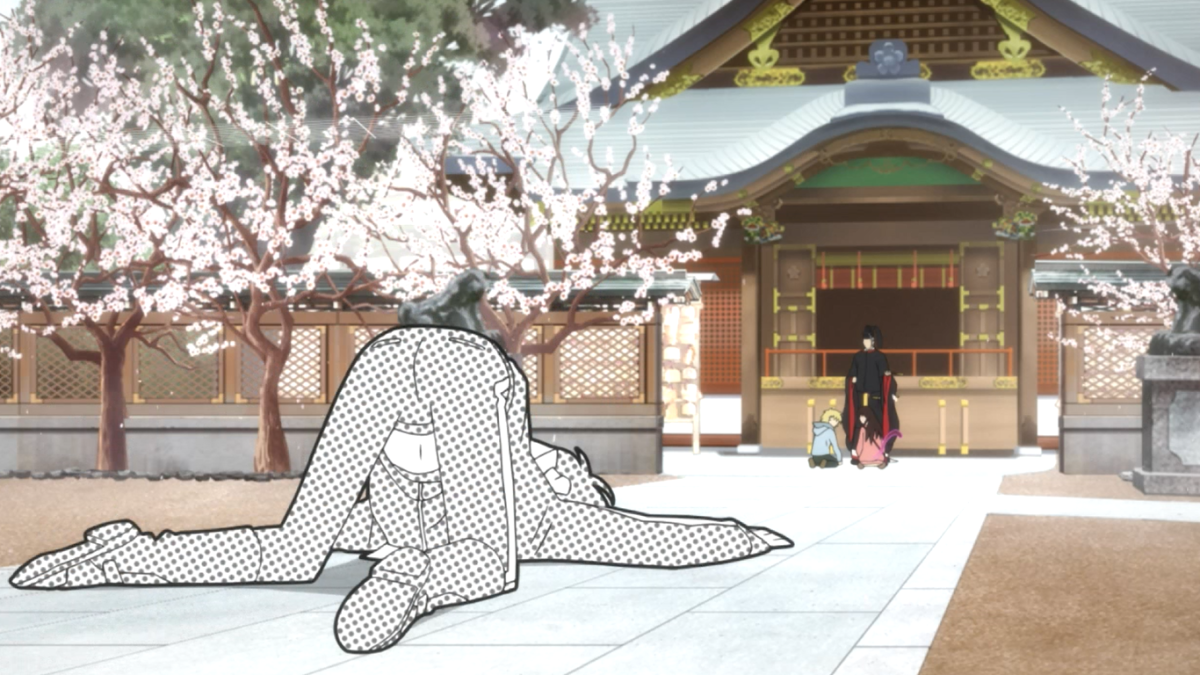 Scene from Episode 3 where Yato is trying to return back to manga in front of Tenjin's shrine.