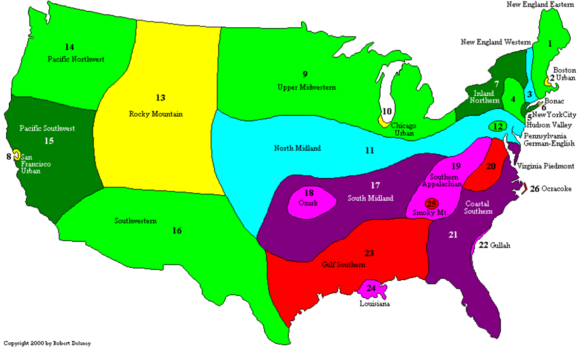 A dialect map of the U.S., including major regions and their subsets