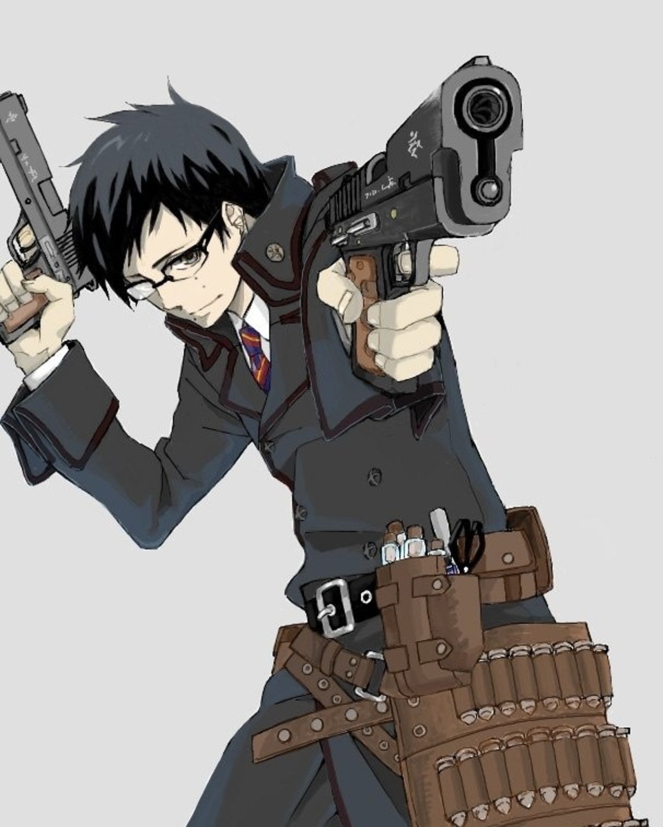 Окумура Юкио с пистолетом