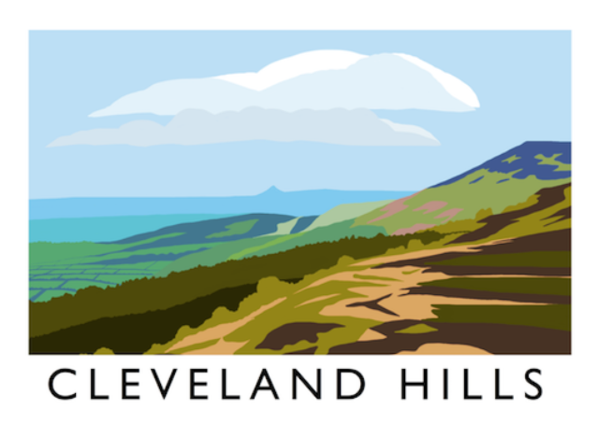 Art Deco poster advertising at its best shows off the Cleveland Hills looking eastward from near Whorlton to Roseberry Topping (centre, distant). This hill overlooks the railway near Great Ayton that links Battersby with Nunthorpe