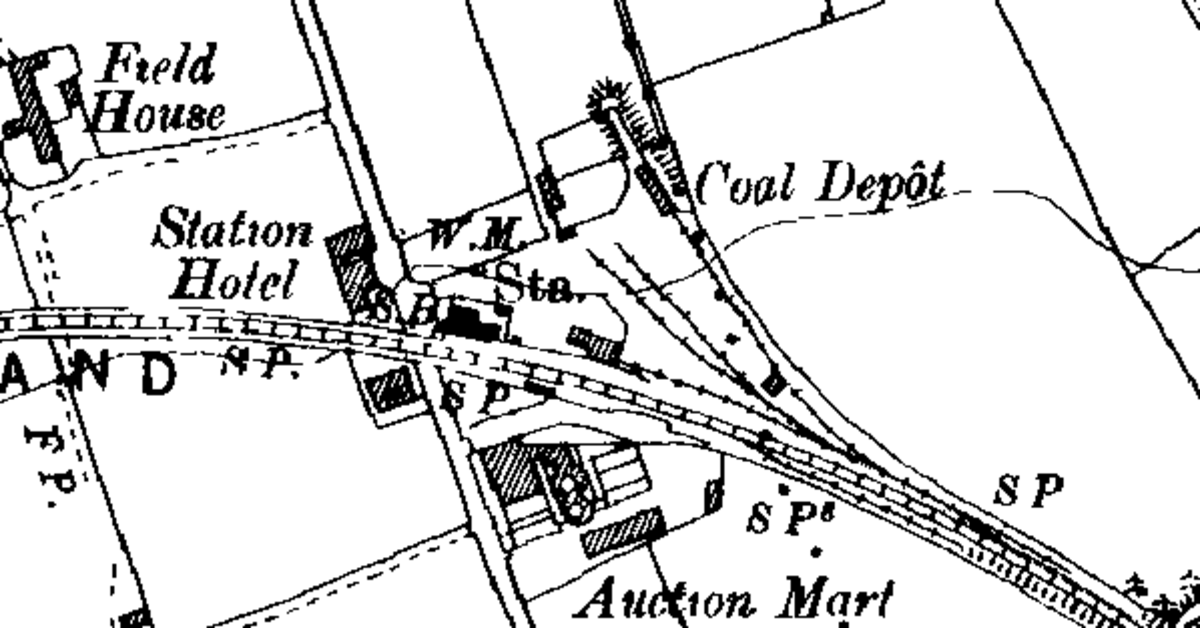 Track plan for Stokesley in more prosperous days with coal drops (cells), goods shed and sidings for wagons. Adjacent to the station was an auction mart for livestock - Stokesley still is at the heart of an active farming community