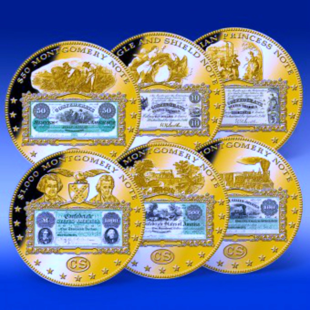 The Confederate States of America "Big Six" CSA Banknote Set, $5 Indian Princess Note,  $10 Eagle & Shield Note, $50 Montgomery Note , $100 Montgomery Note, $500 Montgomery Note, & the $1,000 Montgomery Note 