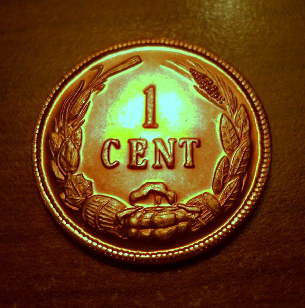 The back side of the 1862 Confederate One Cent Coin, with Crops of the South on the Sides. 