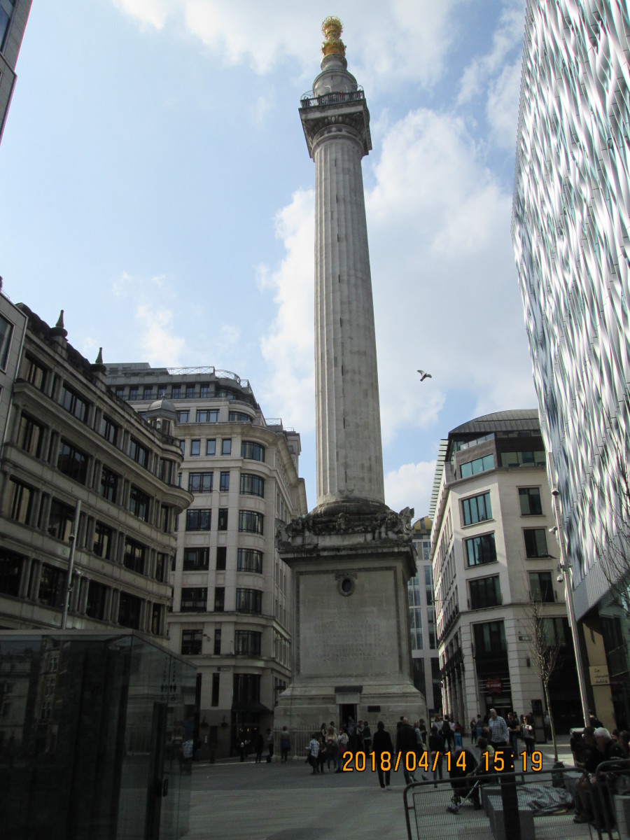 You come across The Monument, a tower with internal access (stairs) to its pinnacle. If the tower were laid out along he ground it would point to the site of the baker's shop on Pudding Lane where the fire started on 2nd September, 1666. 