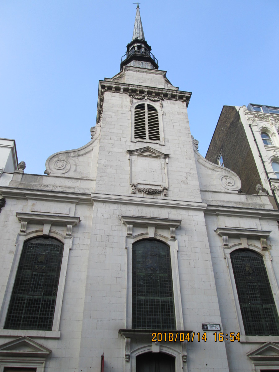 The ornate front of St Martin Within Ludgate, within a stone's throw of St Paul's. It's cupola was designed so as not to interfere with the view uphill of St Paul's beyond
