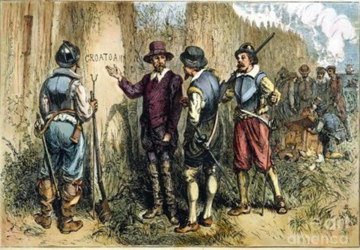 Painting by Englishman John White. Sir Walter Raleghi's 1590 Expedition to Roanoke Island to find the Lost Colony uncovered 'Croatoan' carved on a tree. This may be in reference to the Croatan island or people. 