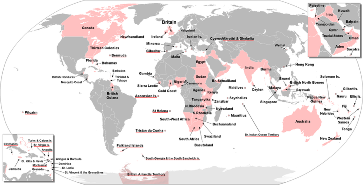 A map showing all of the territories that were part of the British Empire at some point from 1497 AD to 1997 AD.