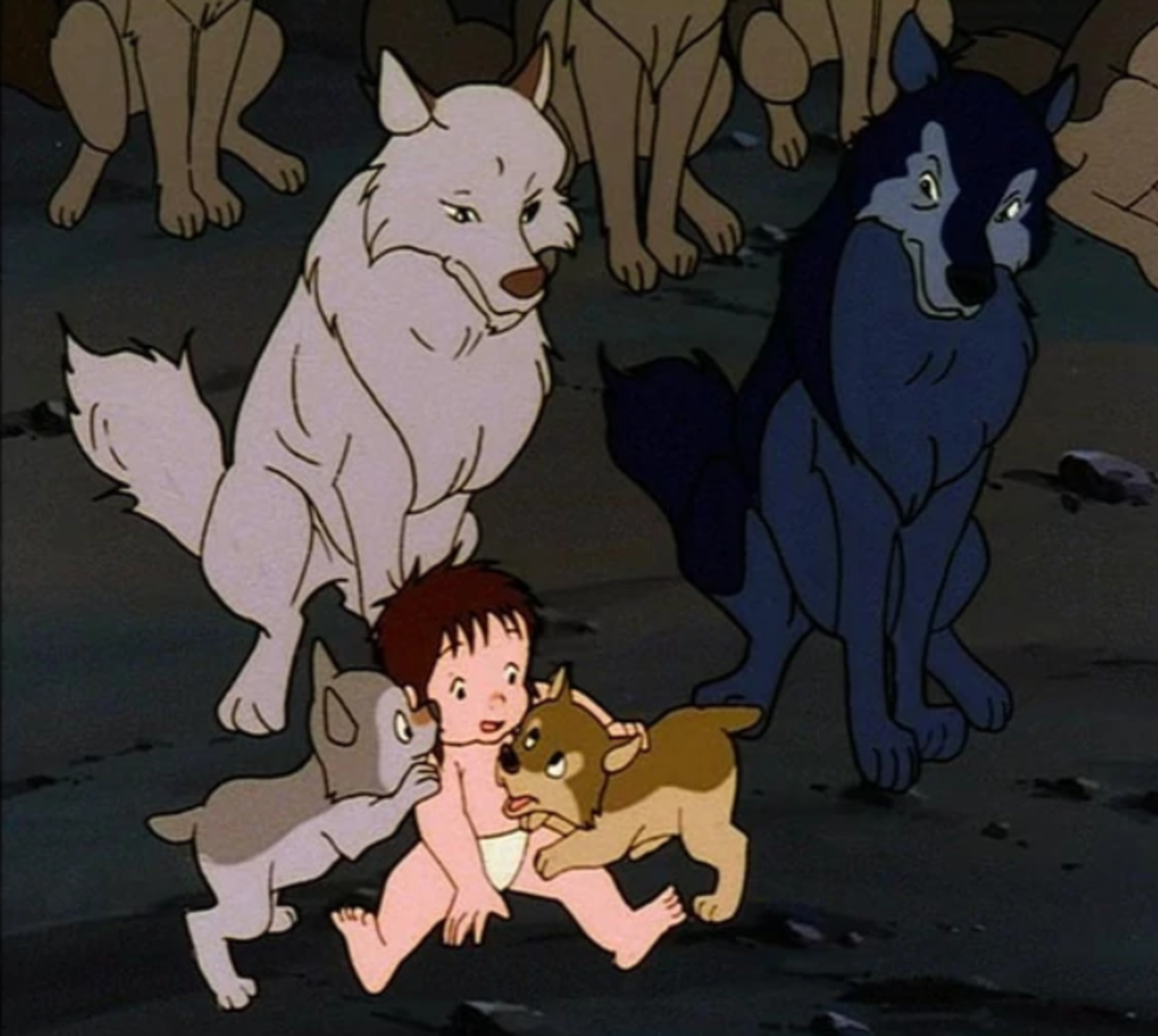 Mother Wolf (Luri) and Father Wolf (Alexander) with Mowgli and Mowgli's brothers (Akru and Sura)