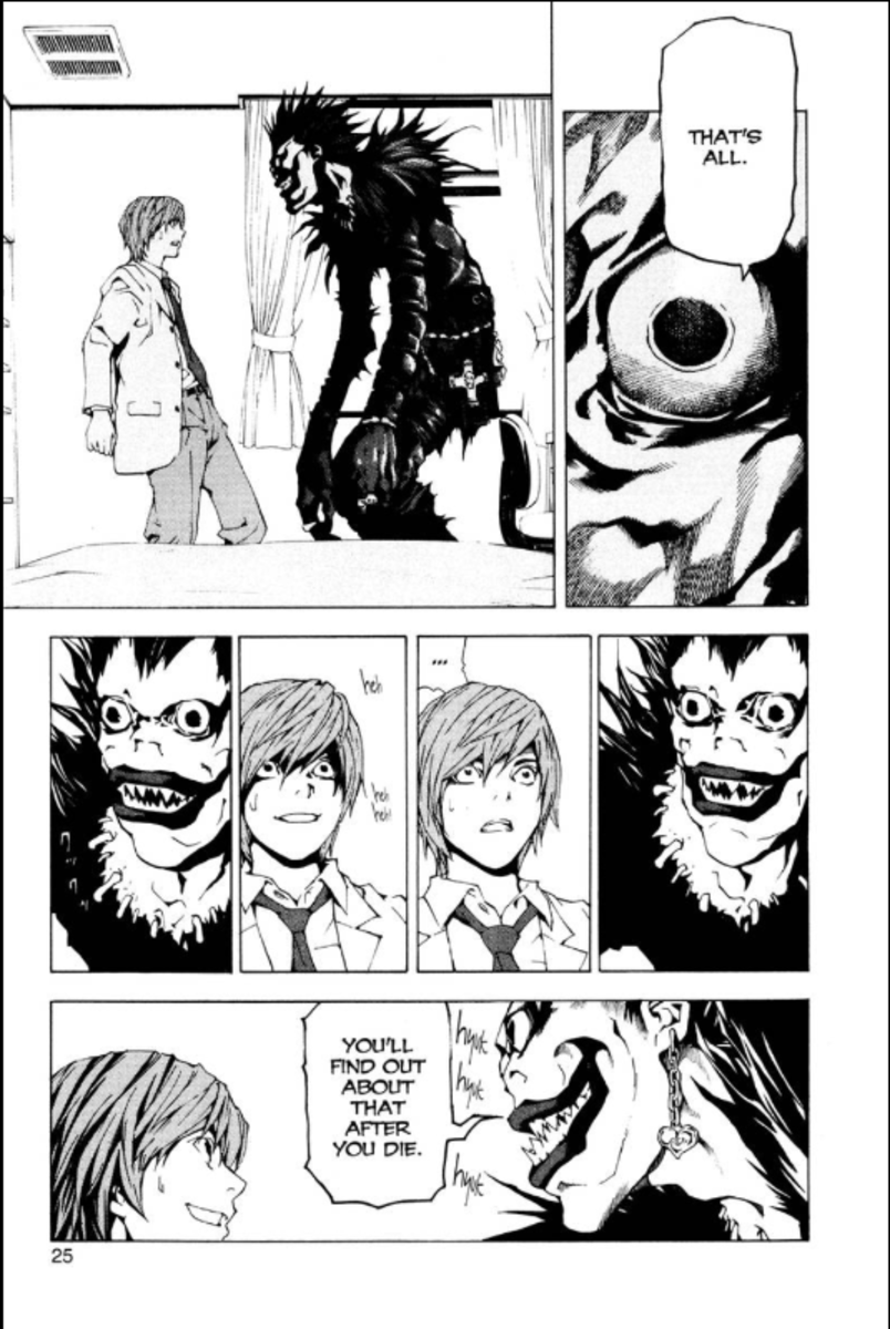Ryuk and Light discussing the Death Note.