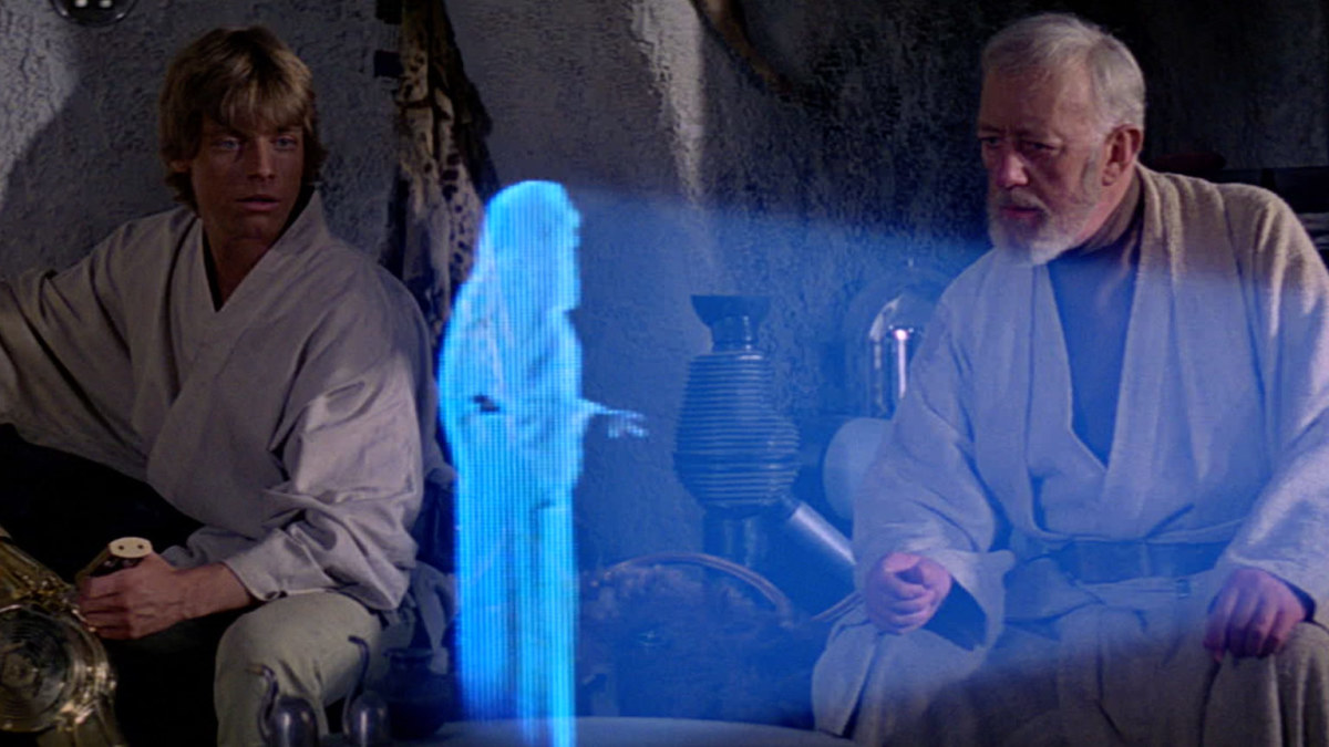 Luke and Obi-Wan Kenobi listening to Princess Leia's hologram message; Inciting Incident.