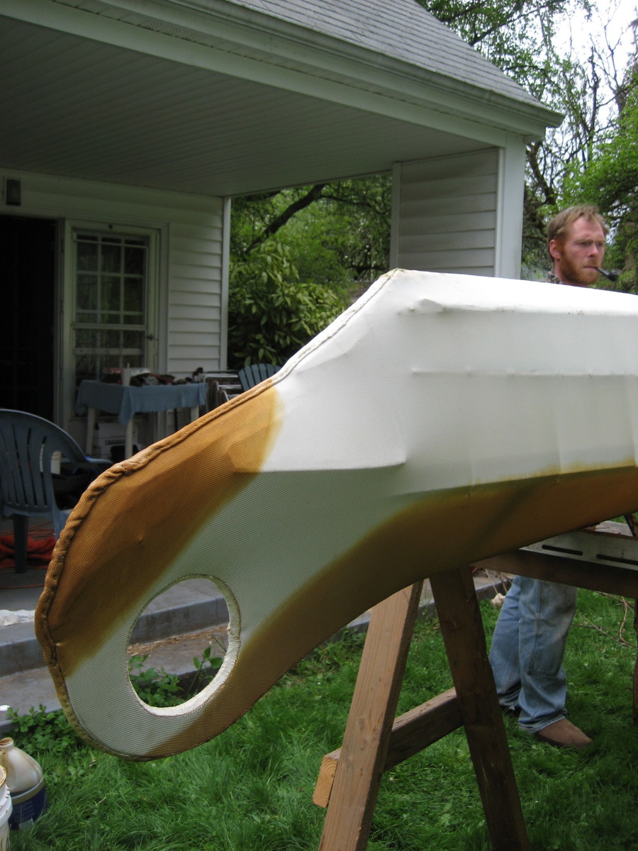 Prow of the Hooper Bay kayak (showing rolled seam).  The Hooper Bay is a cargo kayak, with room for a walrus-hunters' fresh water skins (or modern touring/camping supplies).