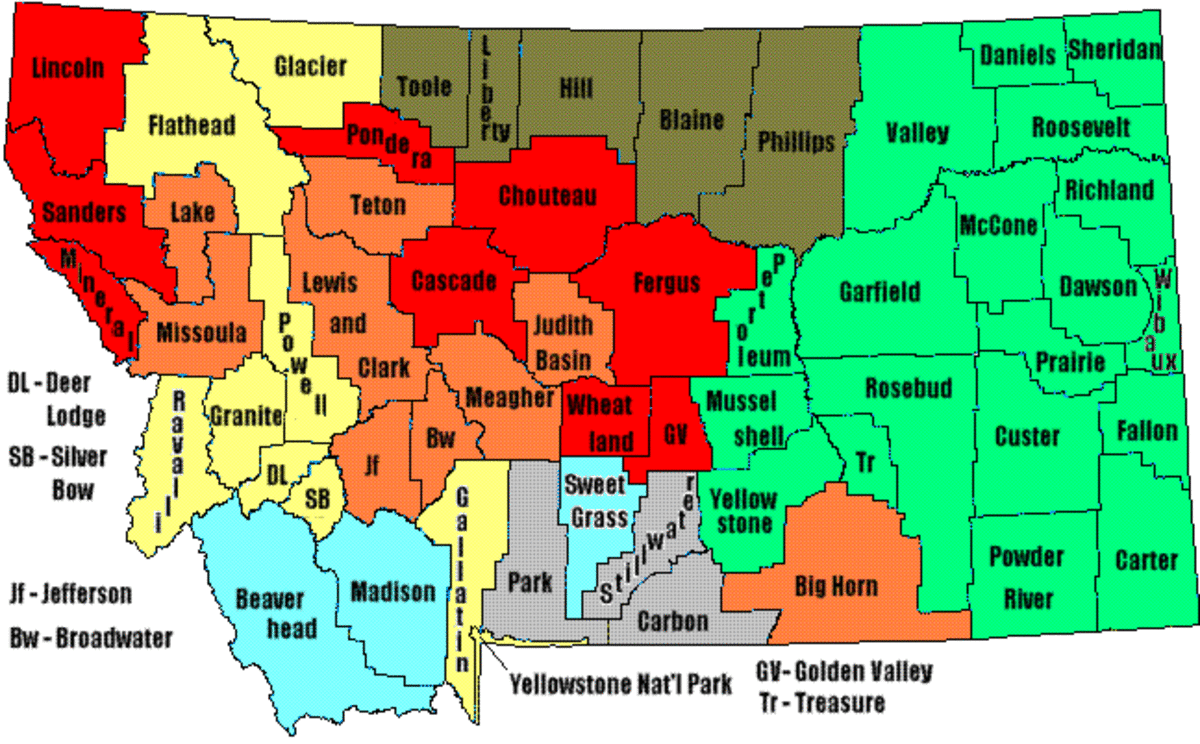 Missoula County is at the western edge of the state, at the midpoint in orange.